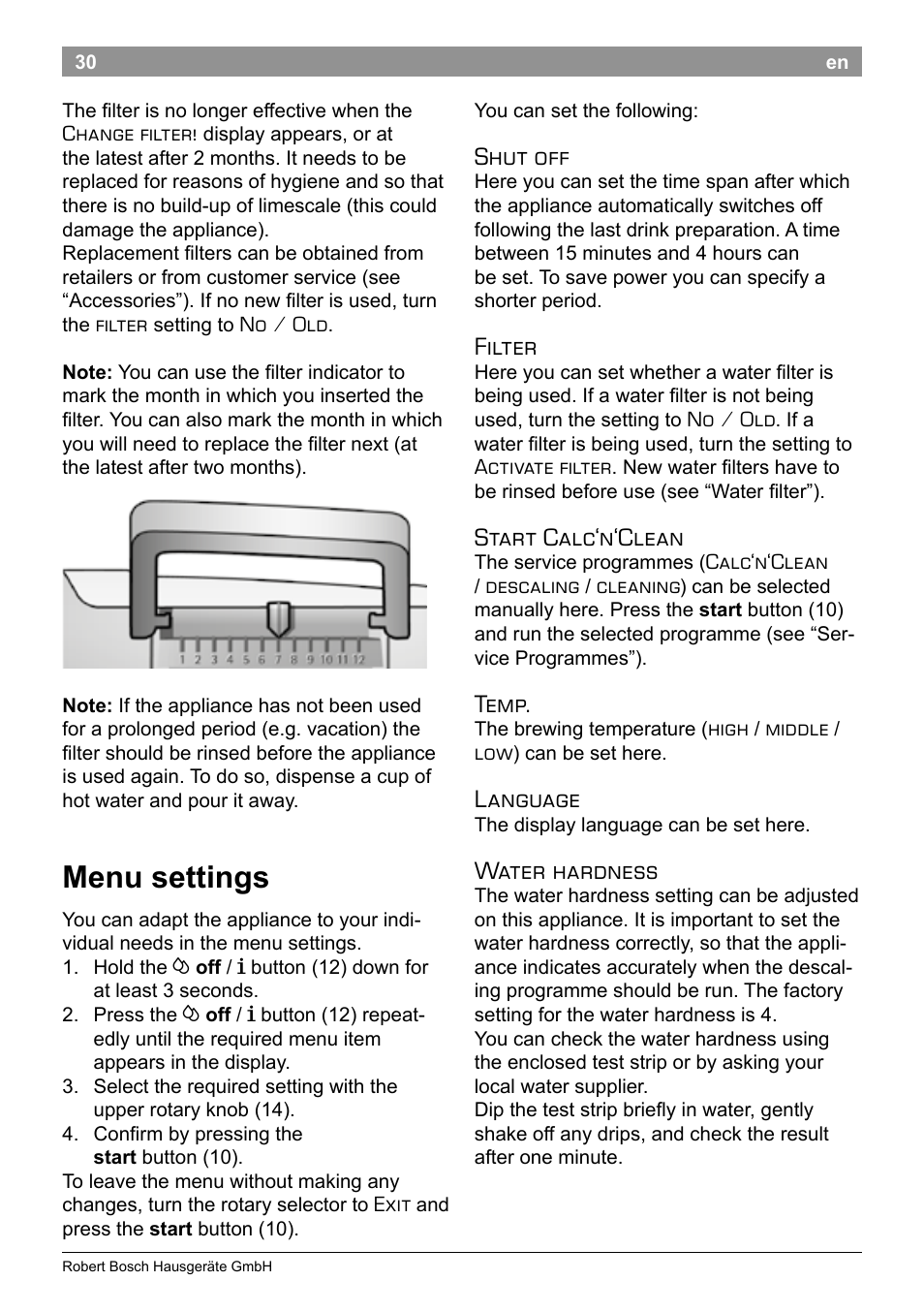 Menu settings, Shut off, Filter | Start calc‘n‘clean, Temp, Language, Water hardness | Bosch TES50358DE VeroCafe Latte Kaffeevollautomat Dunkelbraun Silent Evening User Manual | Page 34 / 94