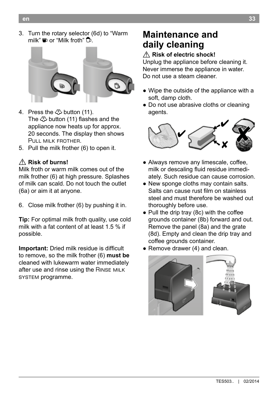 Maintenance and daily cleaning | Bosch TES50358DE VeroCafe Latte Kaffeevollautomat Dunkelbraun Silent Evening User Manual | Page 37 / 94