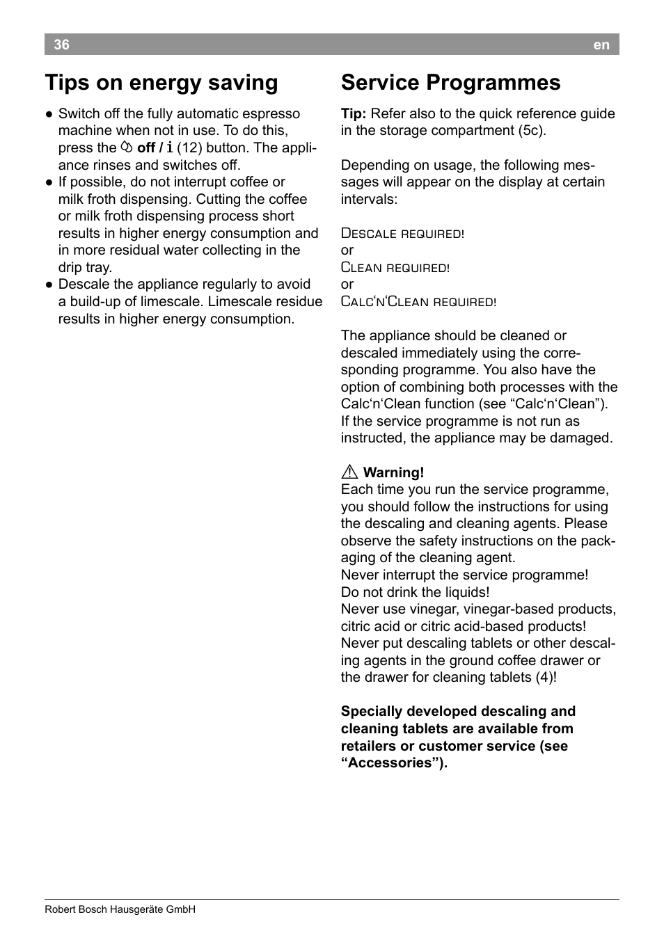 Tips on energy saving, Service programmes | Bosch TES50358DE VeroCafe Latte Kaffeevollautomat Dunkelbraun Silent Evening User Manual | Page 40 / 94