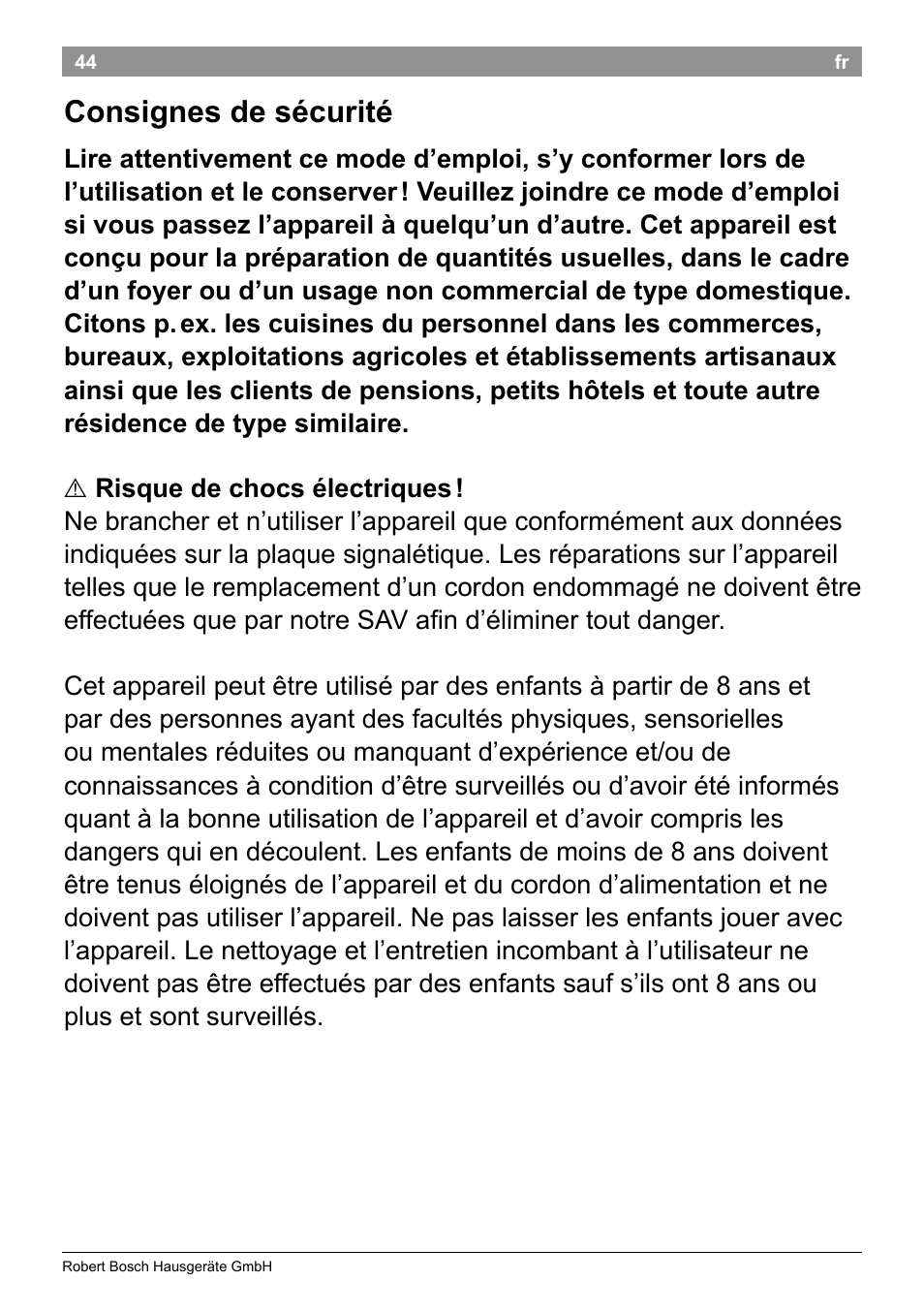 Consignes de sécurité | Bosch TES50358DE VeroCafe Latte Kaffeevollautomat Dunkelbraun Silent Evening User Manual | Page 48 / 94