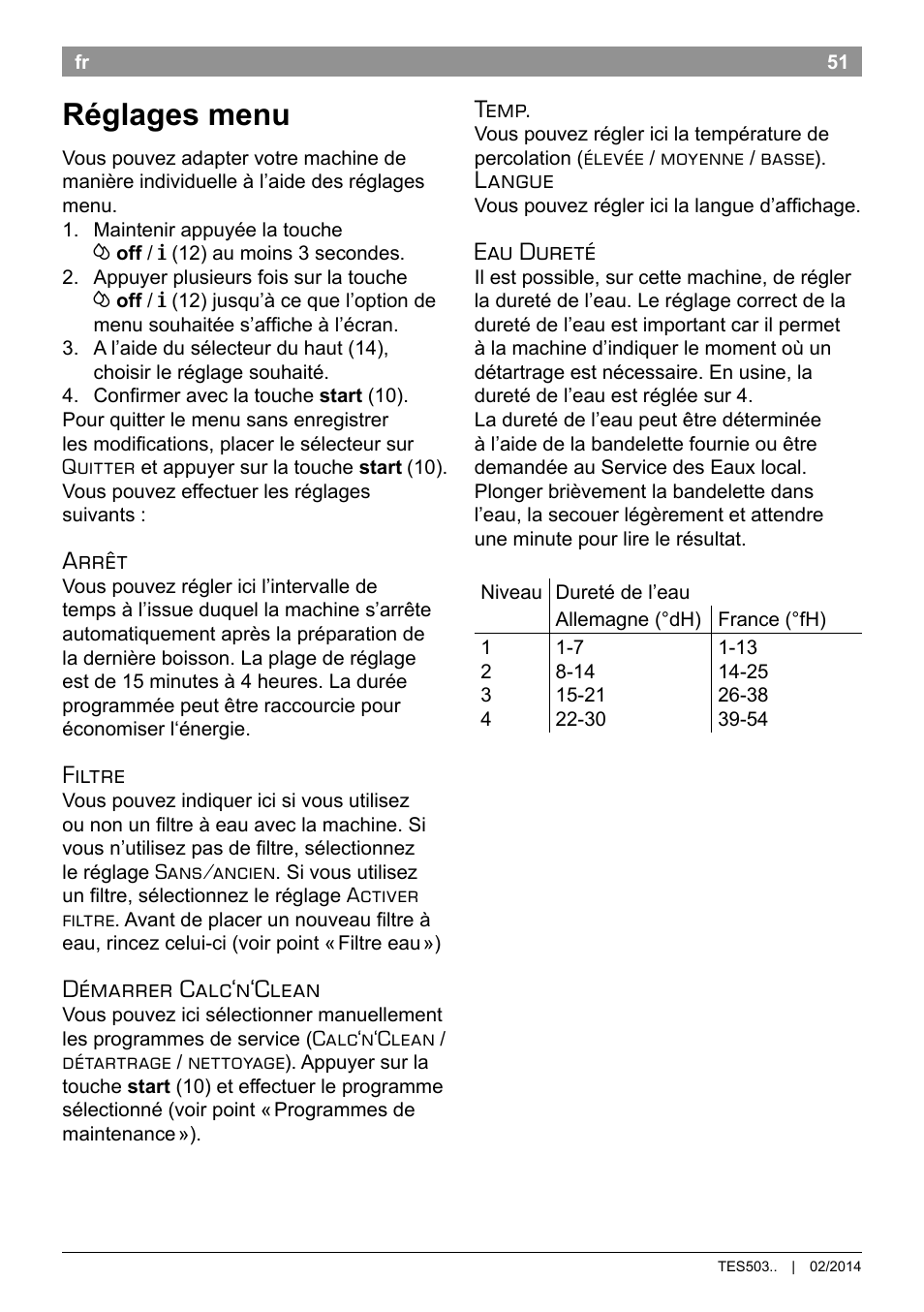 Réglages menu, Arrêt, Filtre | Démarrer calc‘n‘clean, Temp, Langue, Eau dureté | Bosch TES50358DE VeroCafe Latte Kaffeevollautomat Dunkelbraun Silent Evening User Manual | Page 55 / 94