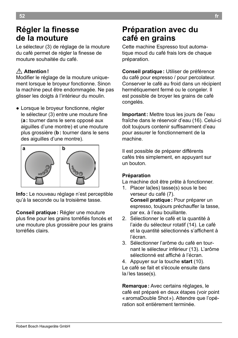 Régler la finesse de la mouture, Préparation avec du café en grains | Bosch TES50358DE VeroCafe Latte Kaffeevollautomat Dunkelbraun Silent Evening User Manual | Page 56 / 94