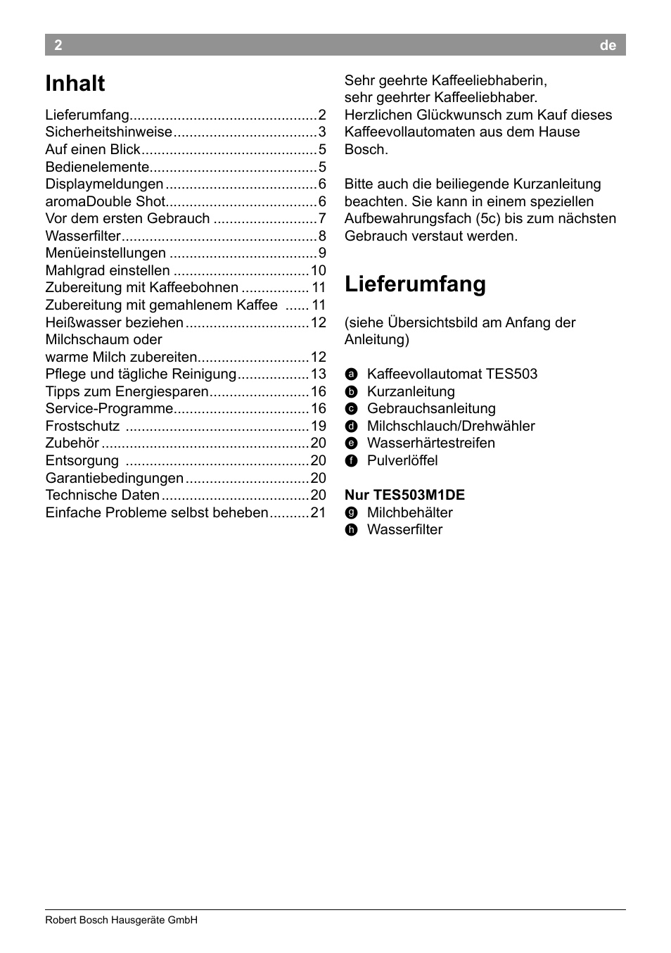 Lieferumfang, Inhalt | Bosch TES50358DE VeroCafe Latte Kaffeevollautomat Dunkelbraun Silent Evening User Manual | Page 6 / 94