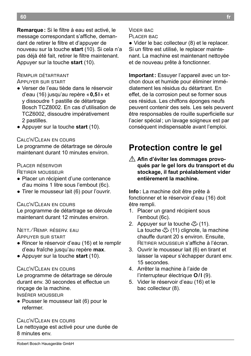 Protection contre le gel | Bosch TES50358DE VeroCafe Latte Kaffeevollautomat Dunkelbraun Silent Evening User Manual | Page 64 / 94