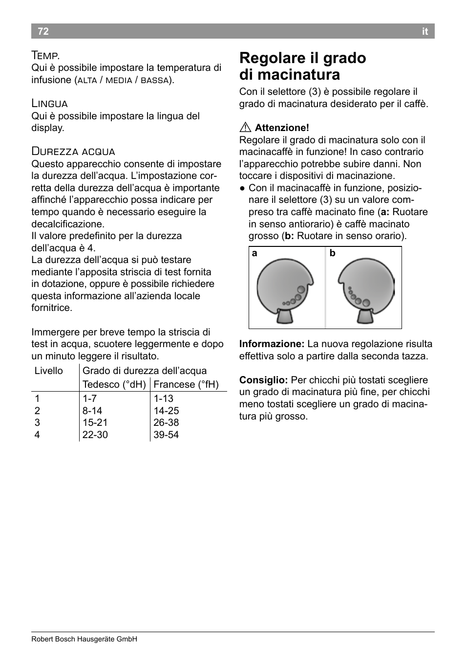 Regolare il grado di macinatura, Temp, Lingua | Durezza acqua | Bosch TES50358DE VeroCafe Latte Kaffeevollautomat Dunkelbraun Silent Evening User Manual | Page 76 / 94