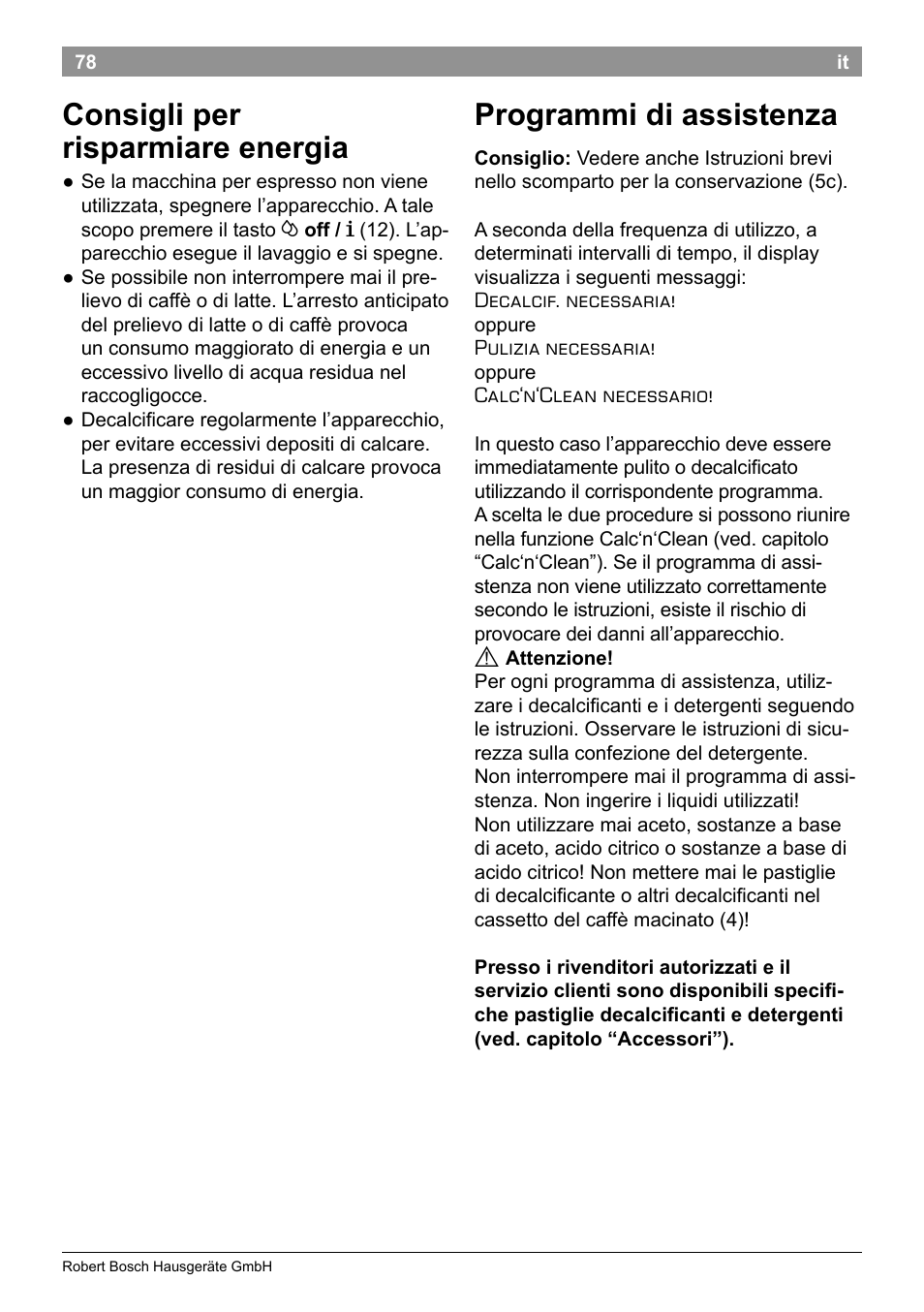 Consigli per risparmiare energia, Programmi di assistenza | Bosch TES50358DE VeroCafe Latte Kaffeevollautomat Dunkelbraun Silent Evening User Manual | Page 82 / 94