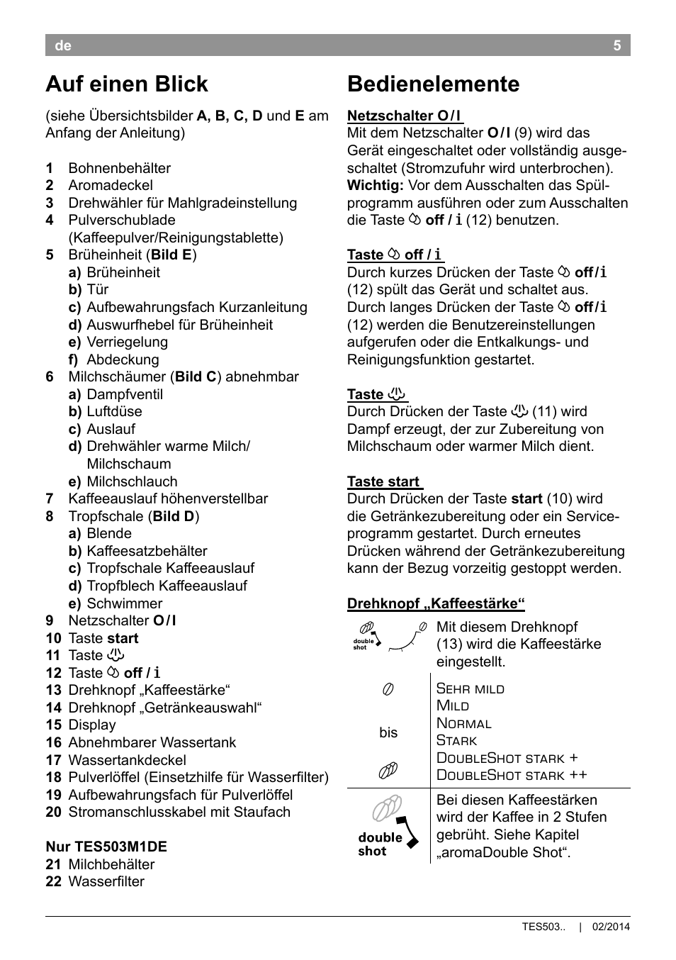 Bedienelemente, Auf einen blick | Bosch TES50358DE VeroCafe Latte Kaffeevollautomat Dunkelbraun Silent Evening User Manual | Page 9 / 94