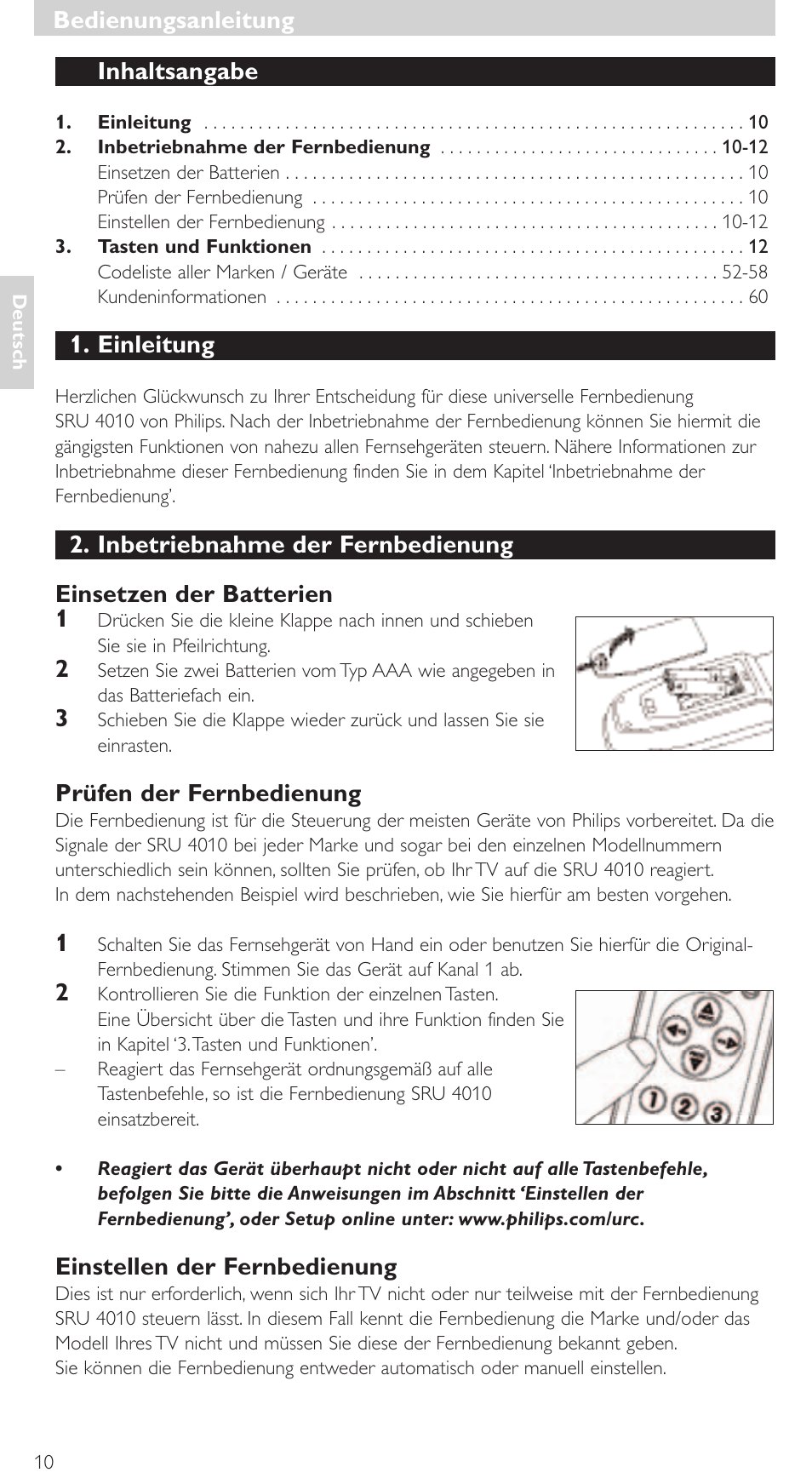 Inhaltsangabe, Einleitung, Prüfen der fernbedienung | Einstellen der fernbedienung, Bedienungsanleitung | Philips SRU4010 User Manual | Page 10 / 64