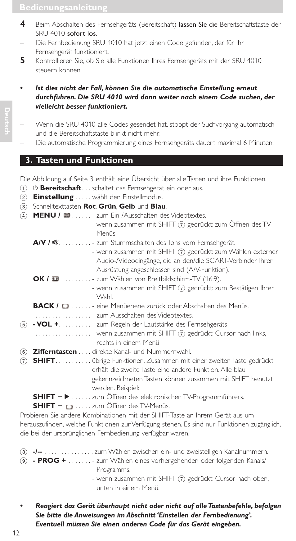 Tasten und funktionen, Bedienungsanleitung | Philips SRU4010 User Manual | Page 12 / 64