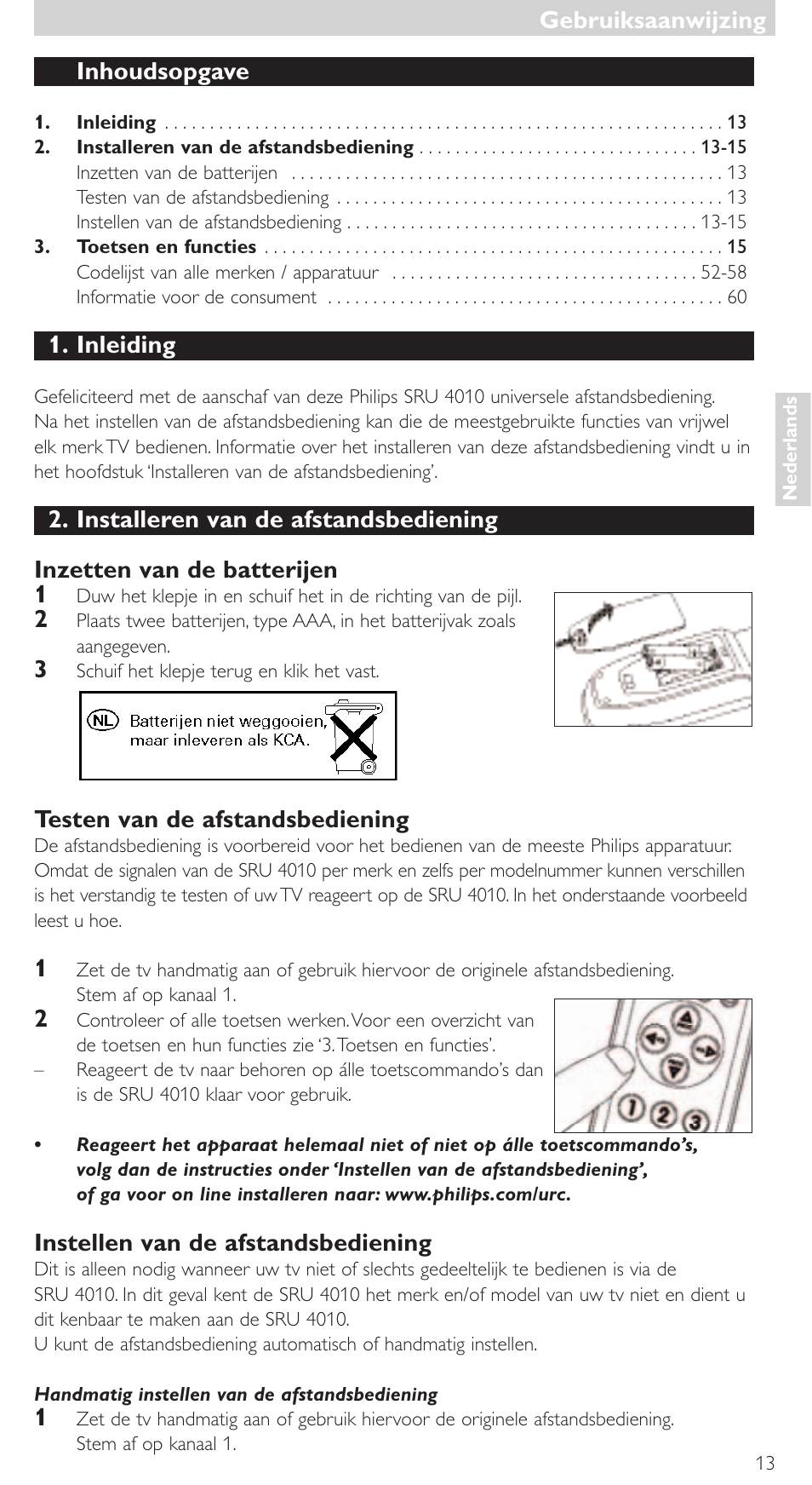 Inhoudsopgave, Inleiding, Testen van de afstandsbediening | Instellen van de afstandsbediening, Gebruiksaanwijzing | Philips SRU4010 User Manual | Page 13 / 64