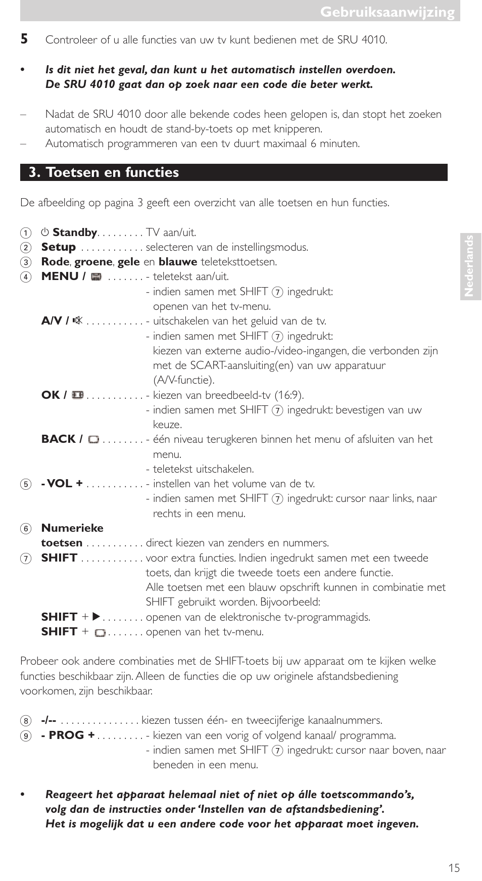 Toetsen en functies, Gebruiksaanwijzing | Philips SRU4010 User Manual | Page 15 / 64