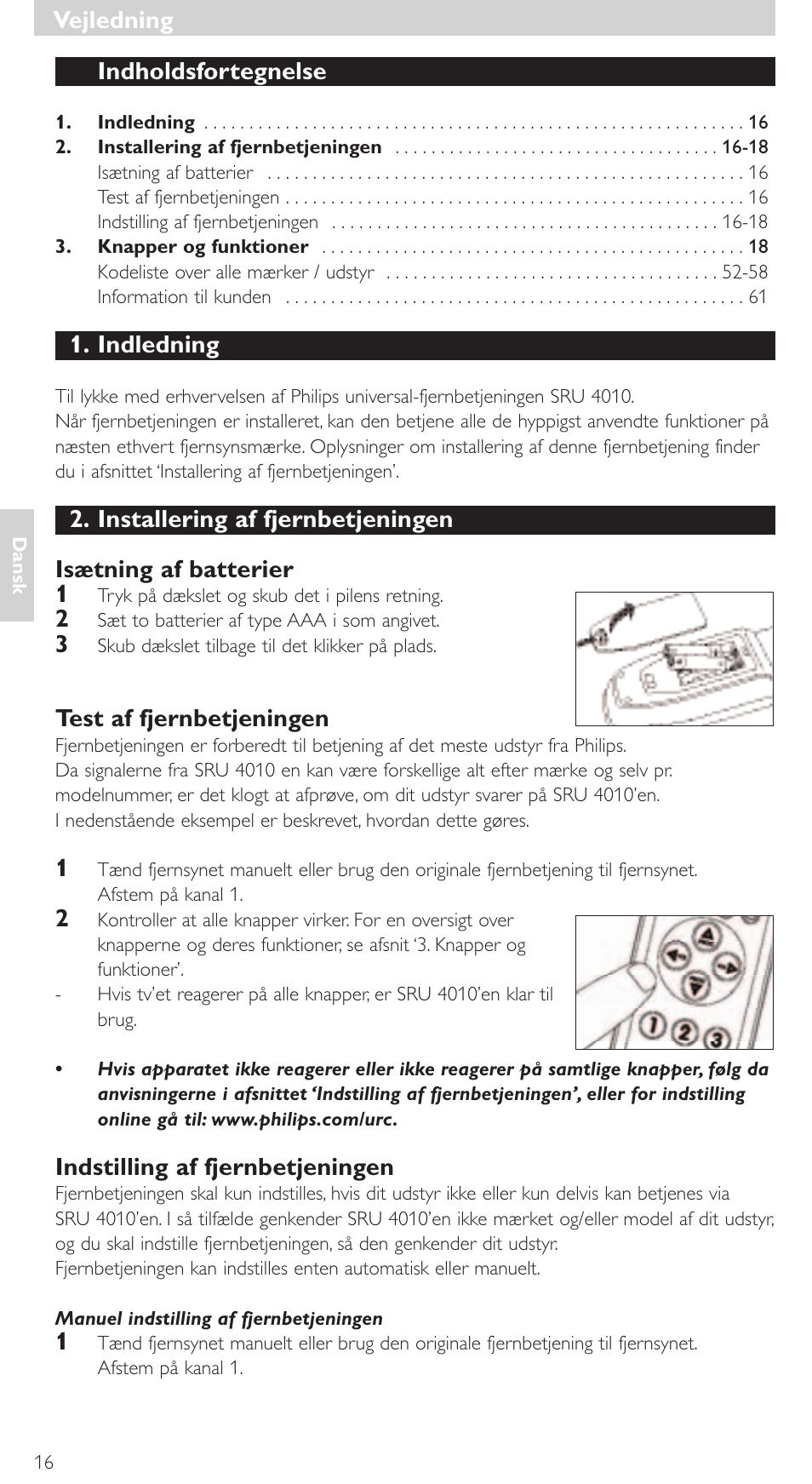 Indholdsfortegnelse, Indledning, Test af fjernbetjeningen | Indstilling af fjernbetjeningen, Vejledning | Philips SRU4010 User Manual | Page 16 / 64