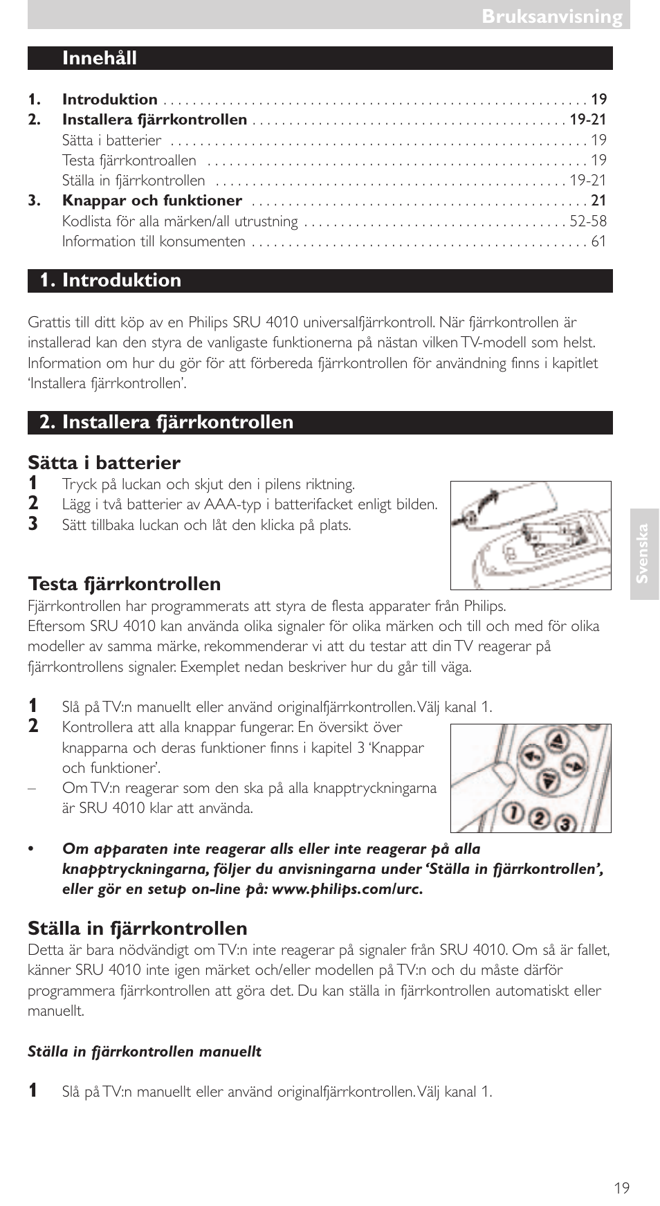 Innehåll, Introduktion, Installera fjärrkontrollen sätta i batterier 1 | Testa fjärrkontrollen, Ställa in fjärrkontrollen, Bruksanvisning | Philips SRU4010 User Manual | Page 19 / 64