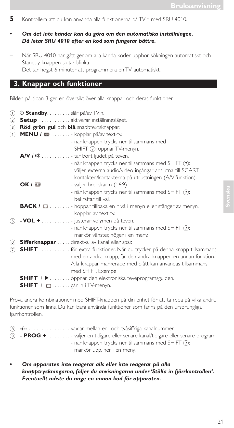 Knappar och funktioner, Bruksanvisning | Philips SRU4010 User Manual | Page 21 / 64