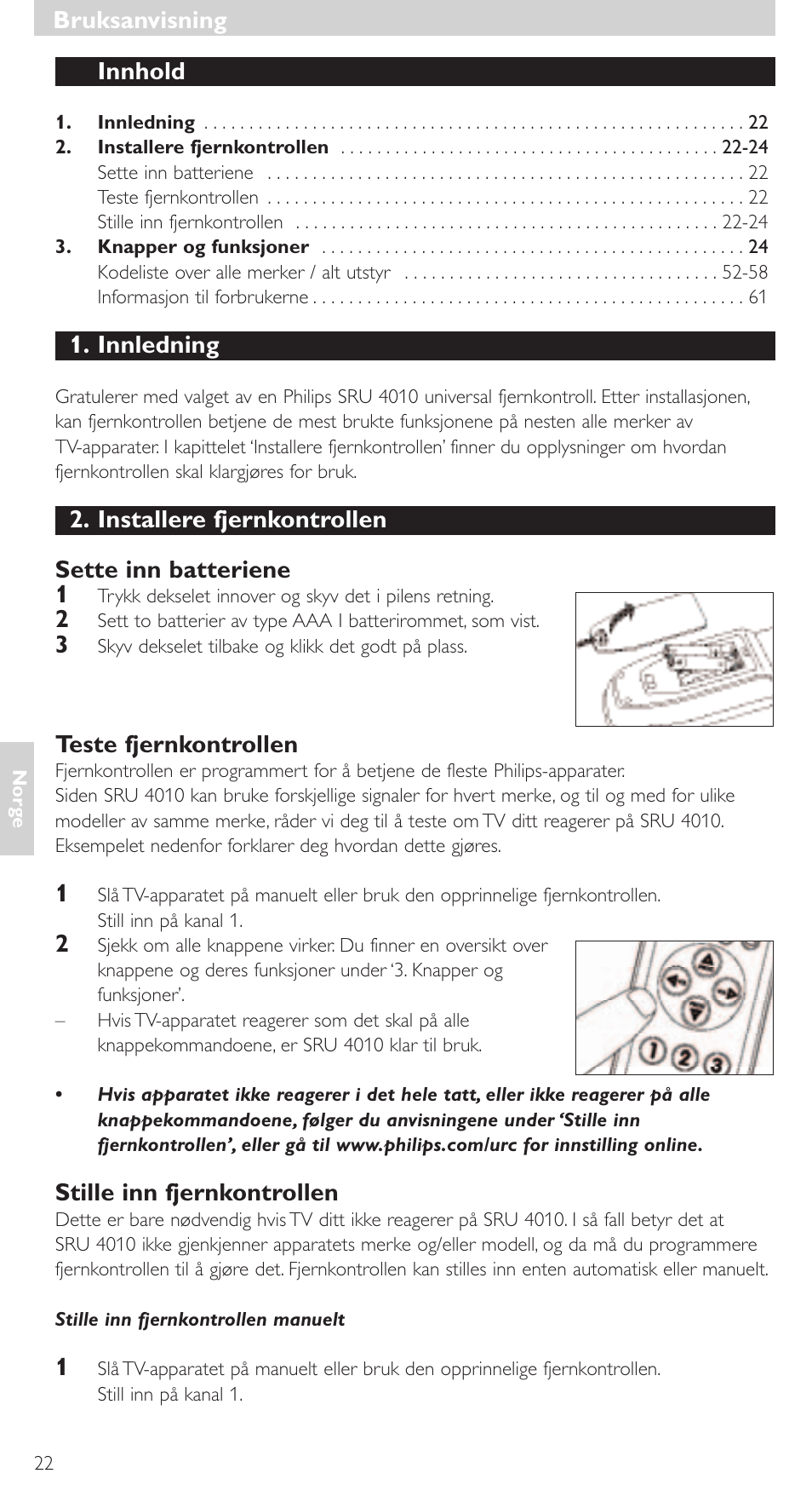 Innhold, Innledning, Installere fjernkontrollen sette inn batteriene 1 | Teste fjernkontrollen, Stille inn fjernkontrollen, Bruksanvisning | Philips SRU4010 User Manual | Page 22 / 64