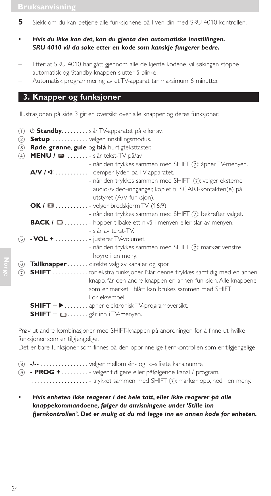 Knapper og funksjoner, Bruksanvisning | Philips SRU4010 User Manual | Page 24 / 64