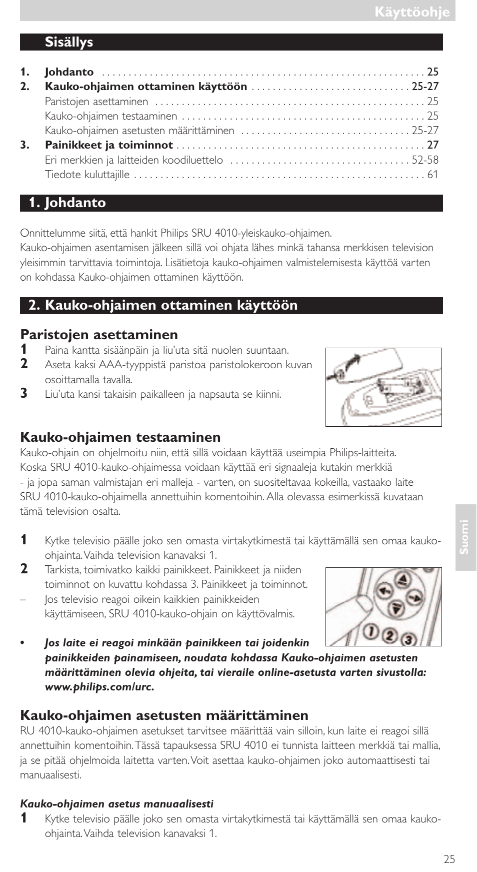 Sisällys, Johdanto, Kauko-ohjaimen testaaminen | Kauko-ohjaimen asetusten määrittäminen, Käyttöohje | Philips SRU4010 User Manual | Page 25 / 64