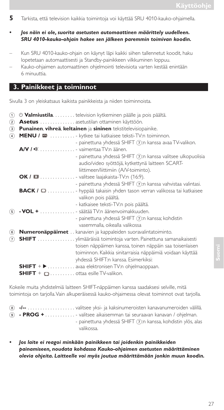 Painikkeet ja toiminnot, Käyttöohje | Philips SRU4010 User Manual | Page 27 / 64