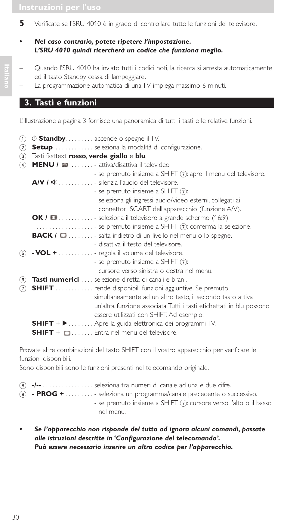 Tasti e funzioni, Instruzioni per l'uso | Philips SRU4010 User Manual | Page 30 / 64