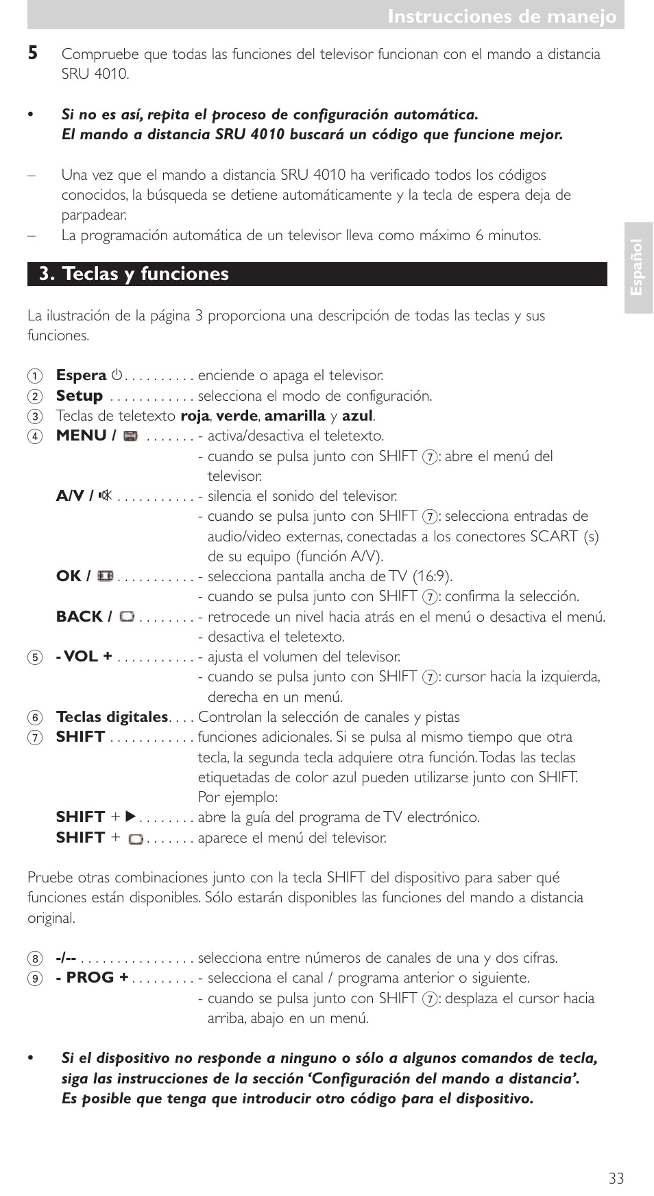 Teclas y funciones, Instrucciones de manejo | Philips SRU4010 User Manual | Page 33 / 64