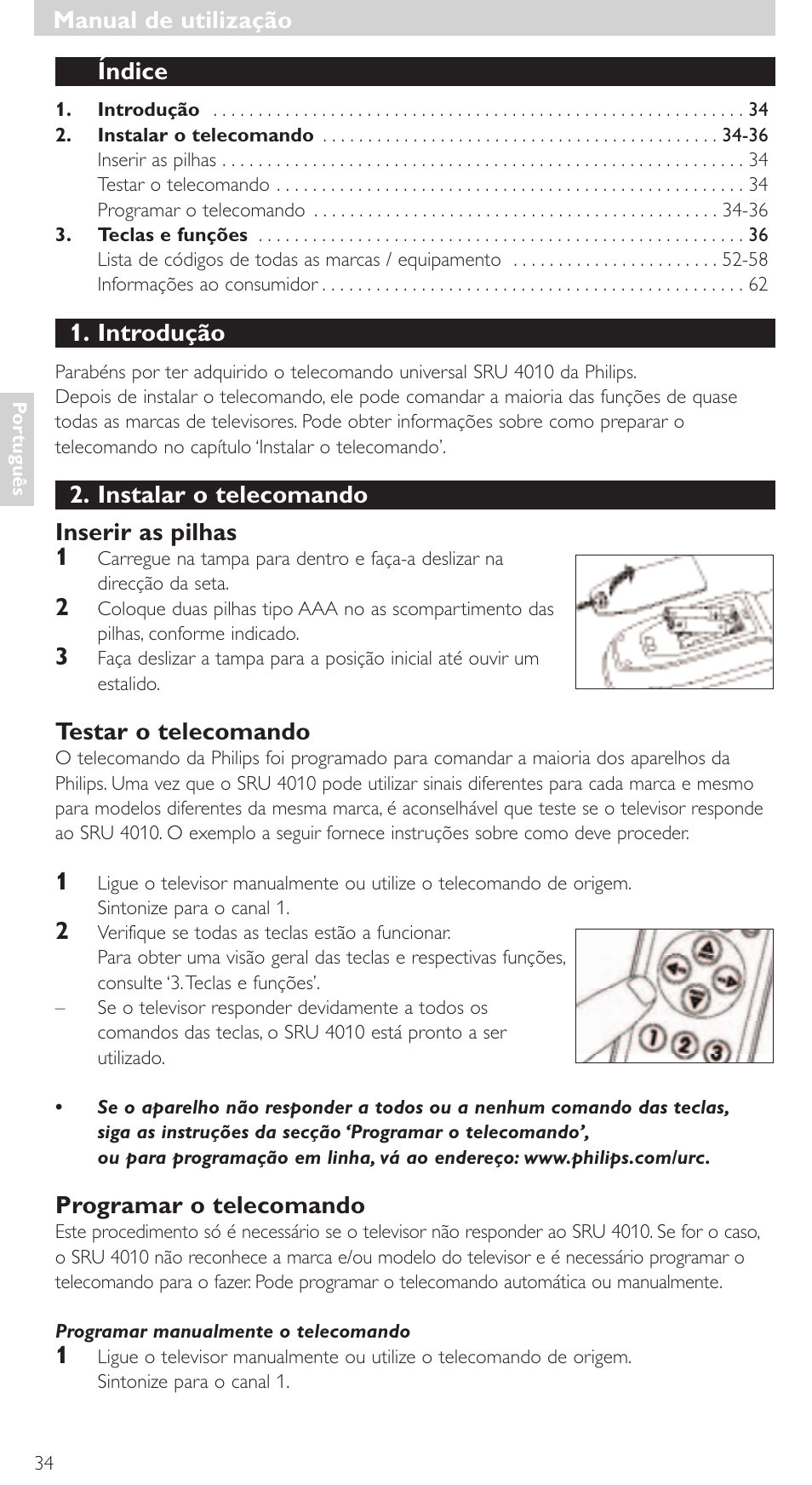 Índice, Introdução, Instalar o telecomando inserir as pilhas 1 | Testar o telecomando, Programar o telecomando, Manual de utilização | Philips SRU4010 User Manual | Page 34 / 64