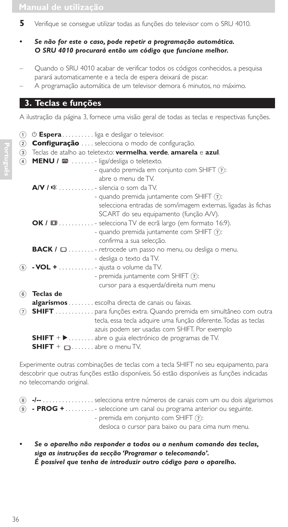 Teclas e funções, Manual de utilização | Philips SRU4010 User Manual | Page 36 / 64