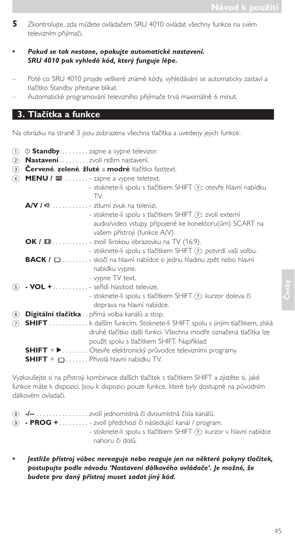 Tlačítka a funkce, Návod k použití | Philips SRU4010 User Manual | Page 45 / 64