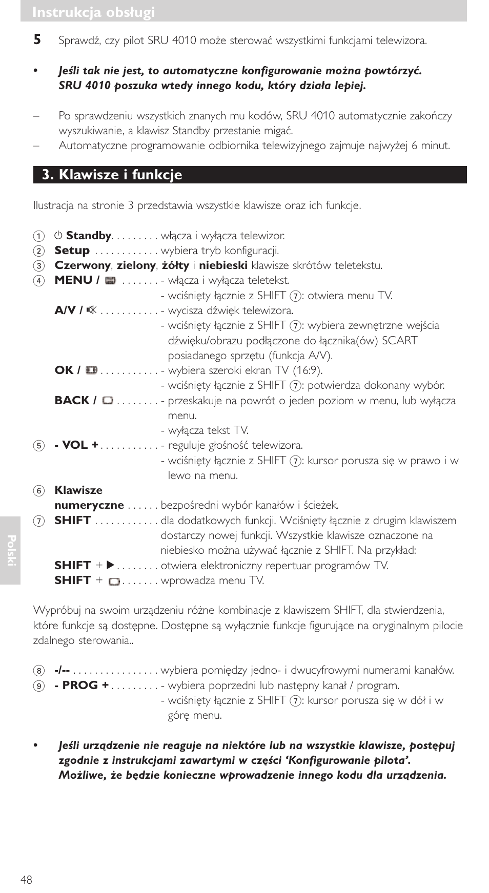 Klawisze i funkcje, Instrukcja obsługi | Philips SRU4010 User Manual | Page 48 / 64