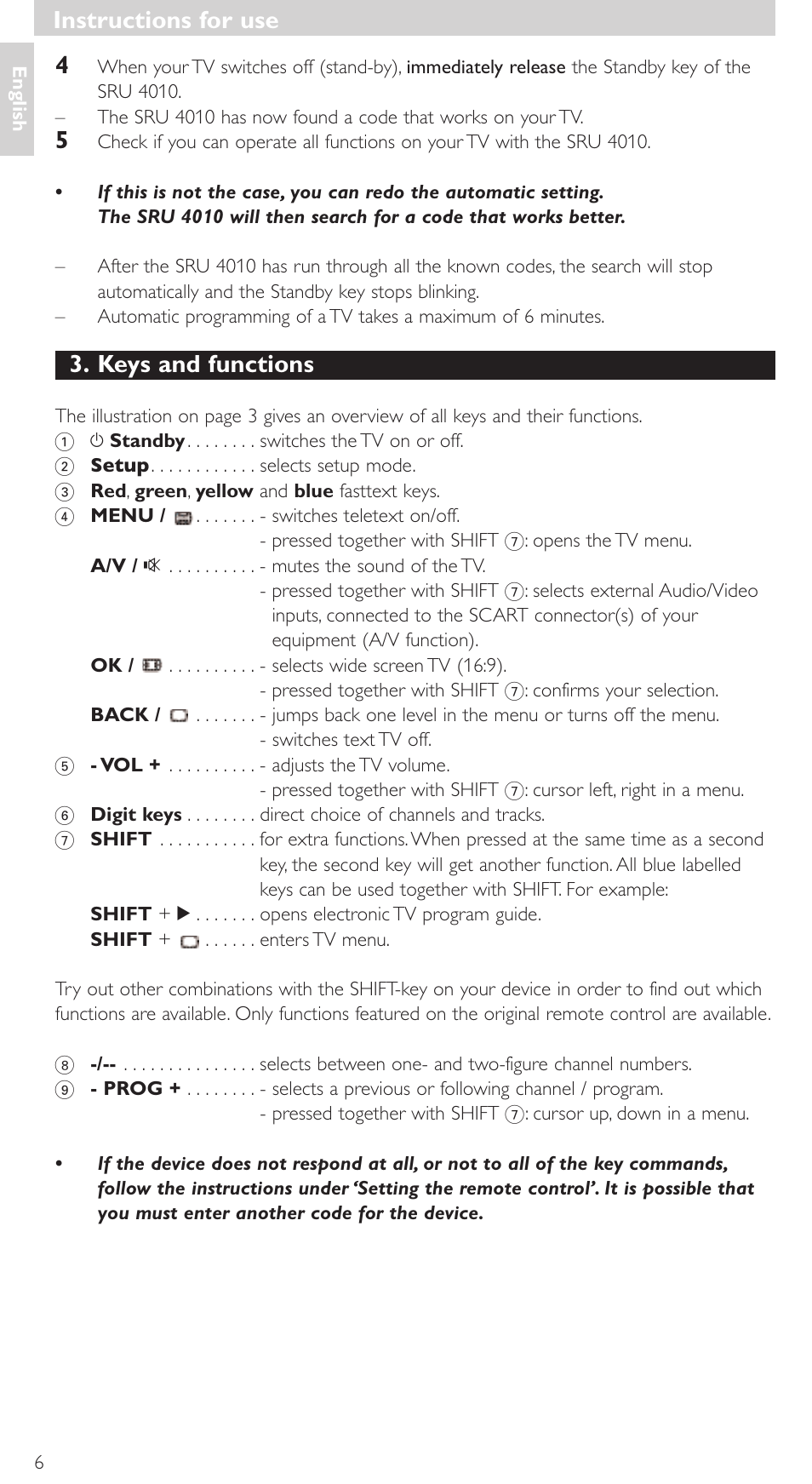 Keys and functions, Instructions for use | Philips SRU4010 User Manual | Page 6 / 64