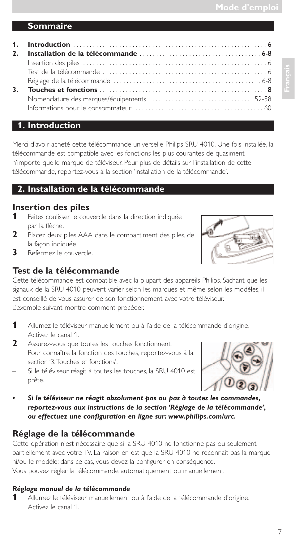 Sommaire, Introduction, Test de la télécommande | Réglage de la télécommande, Mode d'emploi | Philips SRU4010 User Manual | Page 7 / 64