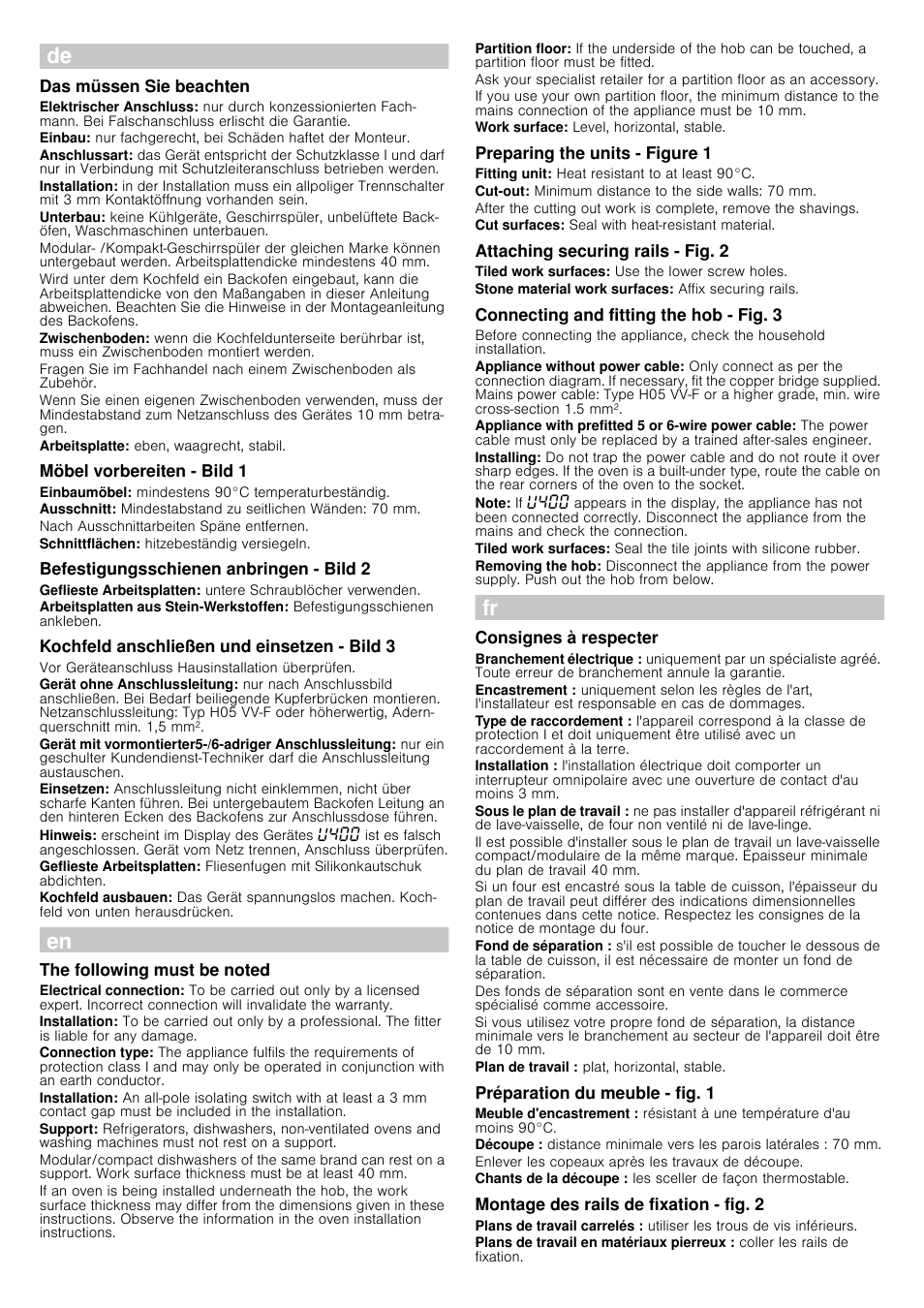 Das müssen sie beachten, Möbel vorbereiten - bild 1, Befestigungsschienen anbringen - bild 2 | Kochfeld anschließen und einsetzen - bild 3, The following must be noted, Preparing the units - figure 1, Attaching securing rails - fig. 2, Connecting and fitting the hob - fig. 3, Consignes à respecter, Préparation du meuble - fig. 1 | Bosch PKN645F17 Edelstahl umlaufender Rahmen Elektro-Kochstelle User Manual | Page 2 / 8