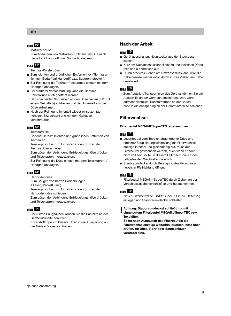 De nach der arbeit, Filterwechsel | Bosch BSG82212 schwarz Bodenstaubsauger Beutel ergomaxx professional 2200 W User Manual | Page 10 / 142