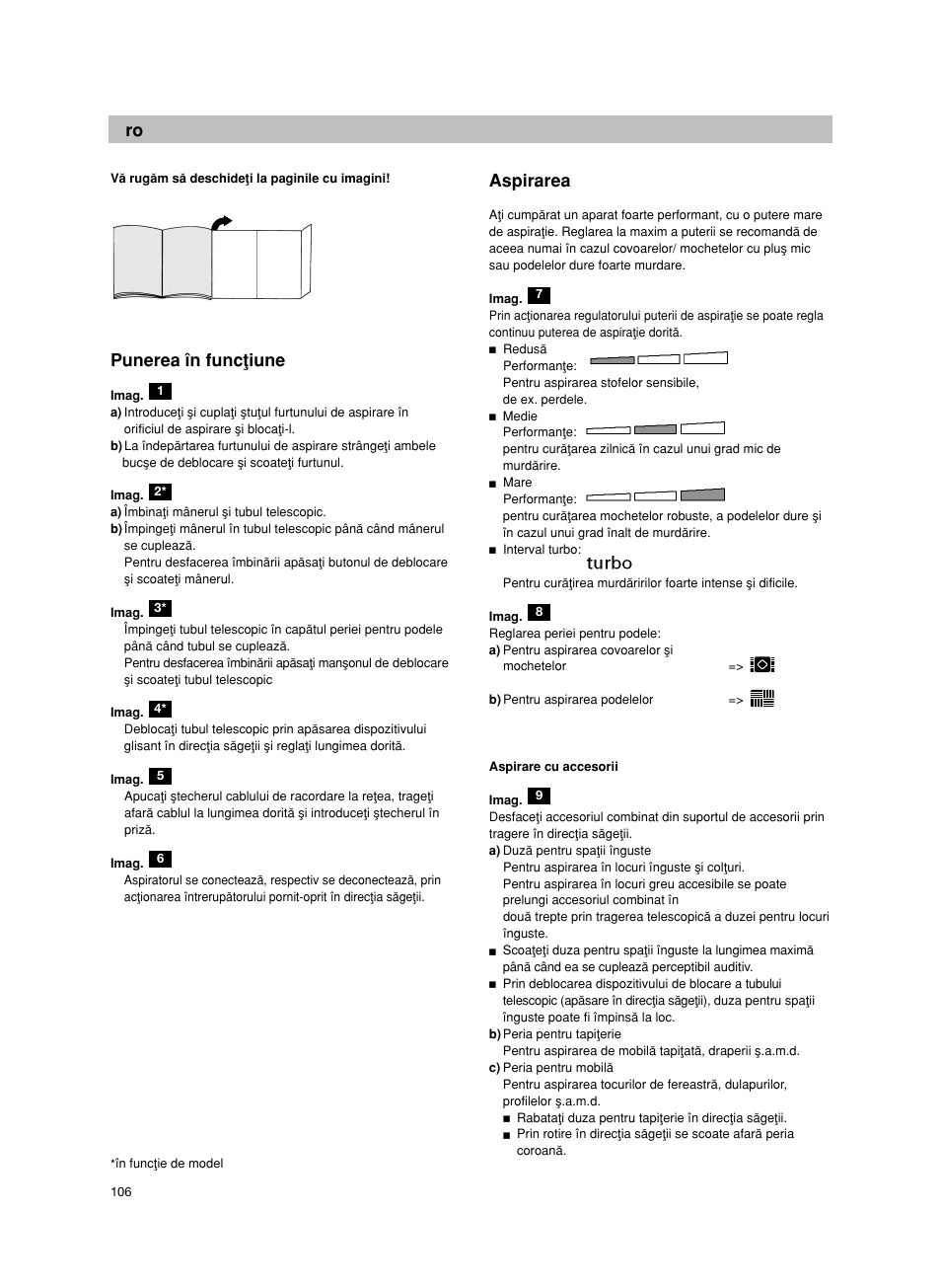 Punerea în funcøiune, Aspirarea | Bosch BSG82212 schwarz Bodenstaubsauger Beutel ergomaxx professional 2200 W User Manual | Page 111 / 142