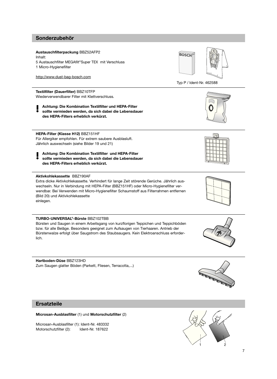 Sonderzubehör ersatzteile | Bosch BSG82212 schwarz Bodenstaubsauger Beutel ergomaxx professional 2200 W User Manual | Page 12 / 142