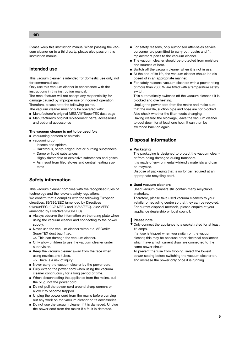 Intended use, Safety information, Disposal information | Bosch BSG82212 schwarz Bodenstaubsauger Beutel ergomaxx professional 2200 W User Manual | Page 14 / 142