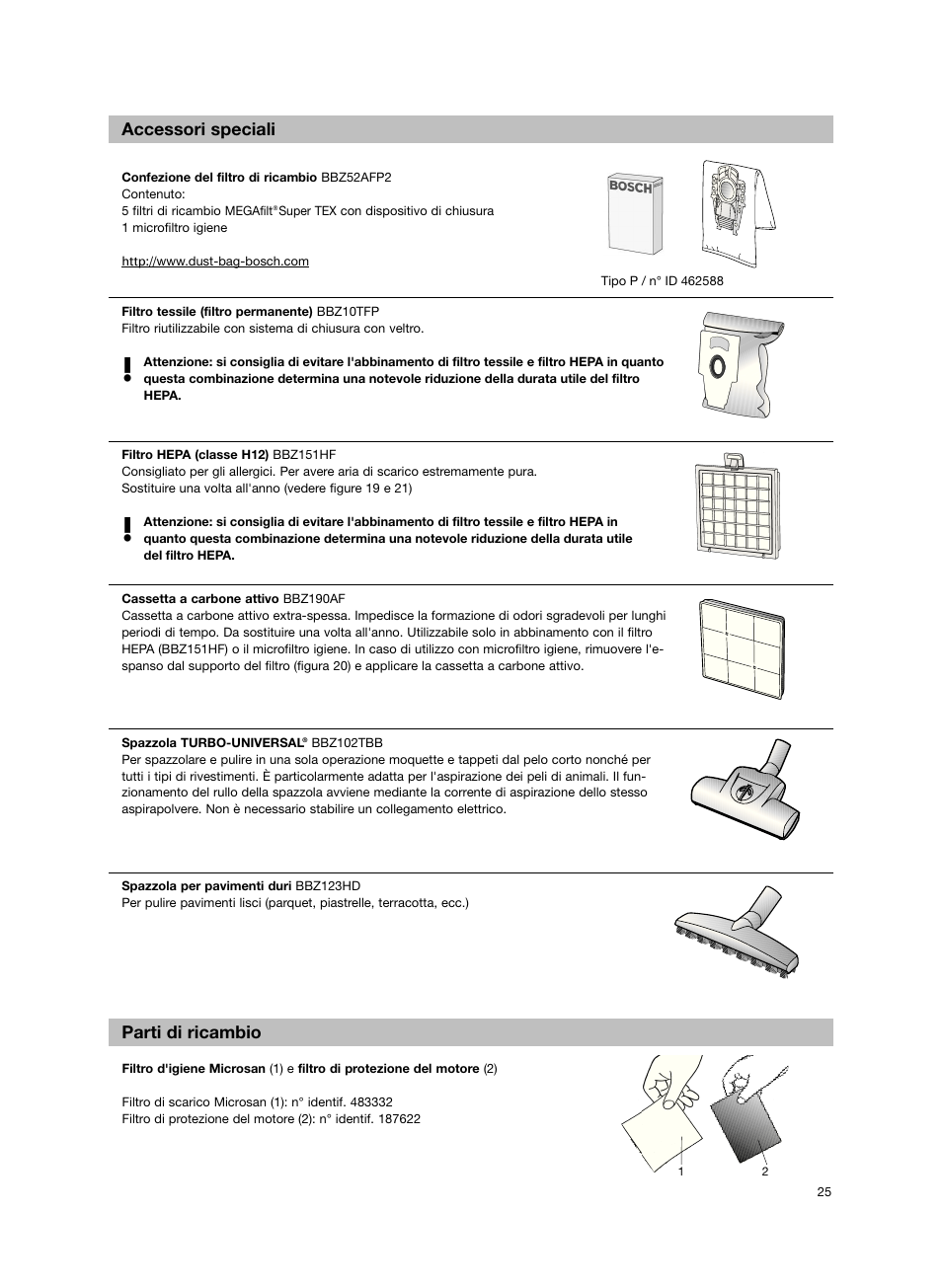 Accessori speciali parti di ricambio | Bosch BSG82212 schwarz Bodenstaubsauger Beutel ergomaxx professional 2200 W User Manual | Page 30 / 142