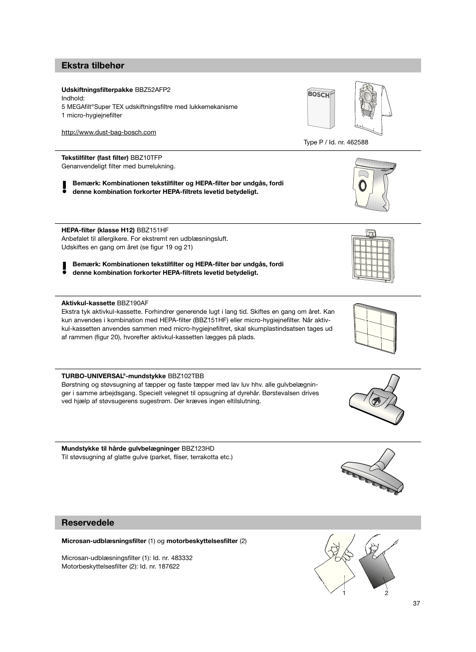 Ekstra tilbehør reservedele | Bosch BSG82212 schwarz Bodenstaubsauger Beutel ergomaxx professional 2200 W User Manual | Page 42 / 142
