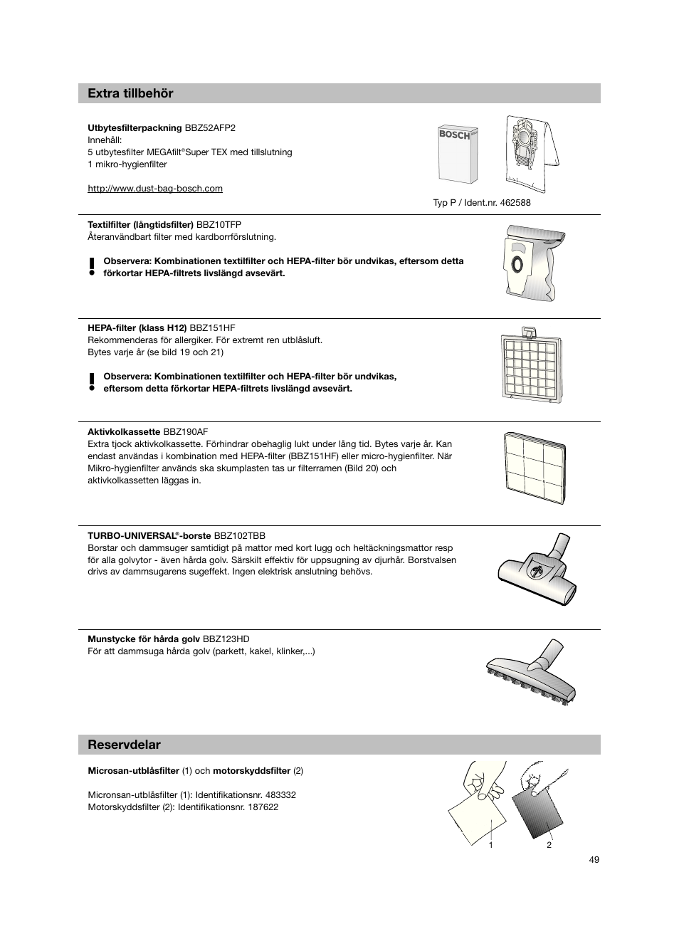 Extra tillbehör reservdelar | Bosch BSG82212 schwarz Bodenstaubsauger Beutel ergomaxx professional 2200 W User Manual | Page 54 / 142