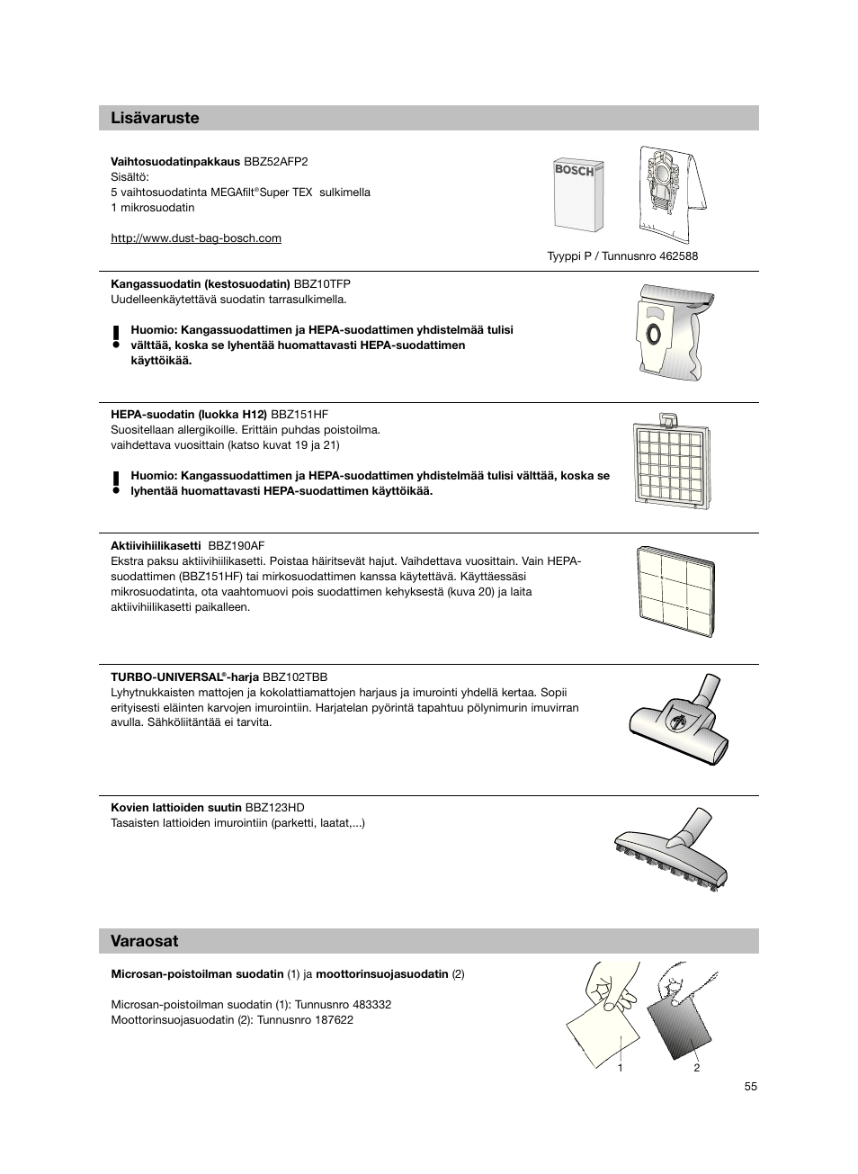 Lisävaruste varaosat | Bosch BSG82212 schwarz Bodenstaubsauger Beutel ergomaxx professional 2200 W User Manual | Page 60 / 142