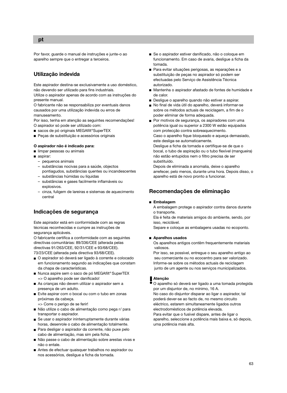 Utilização indevida, Indicações de segurança, Recomendações de eliminação | Bosch BSG82212 schwarz Bodenstaubsauger Beutel ergomaxx professional 2200 W User Manual | Page 68 / 142