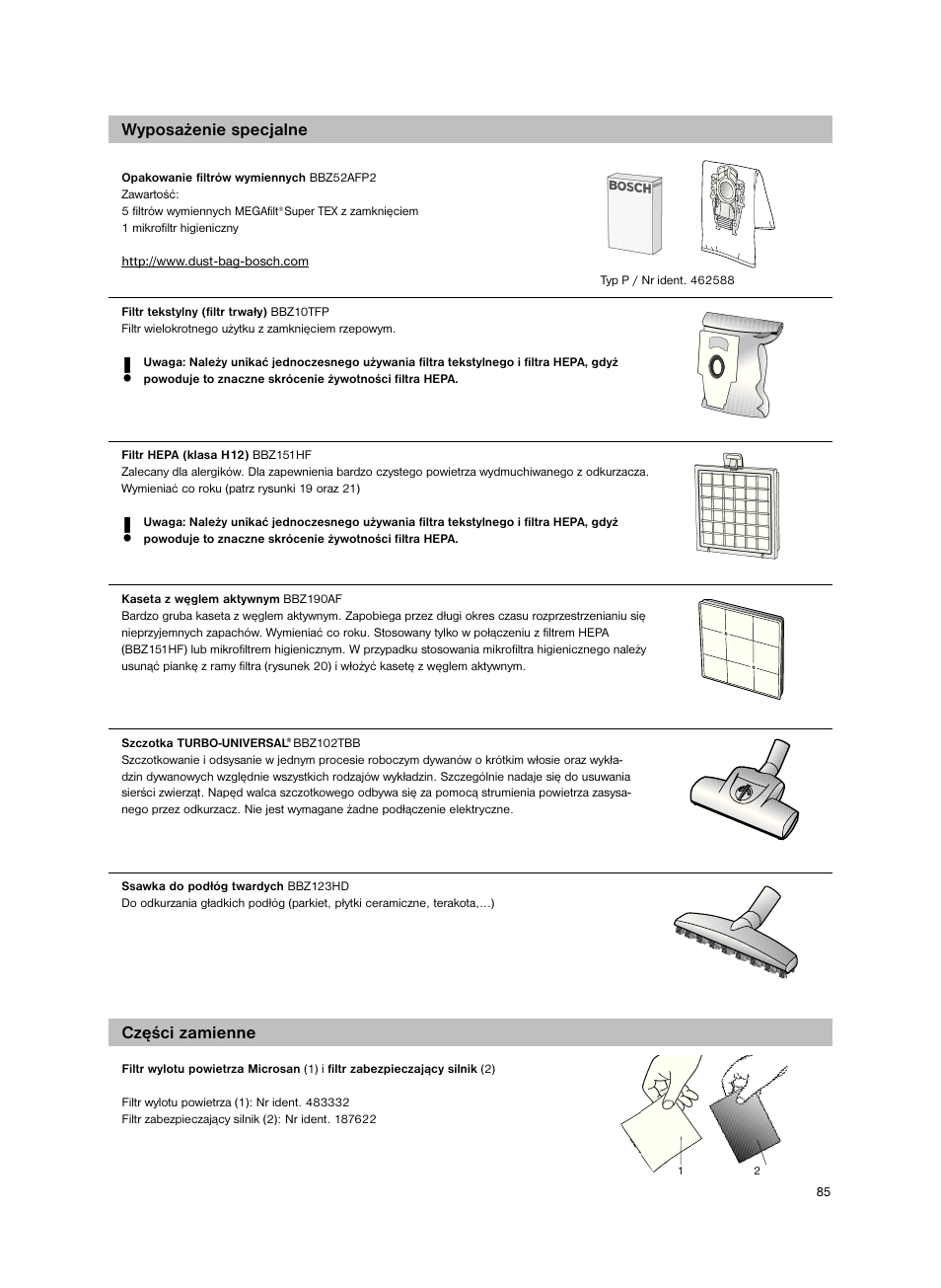 Wyposażenie specjalne części zamienne | Bosch BSG82212 schwarz Bodenstaubsauger Beutel ergomaxx professional 2200 W User Manual | Page 90 / 142