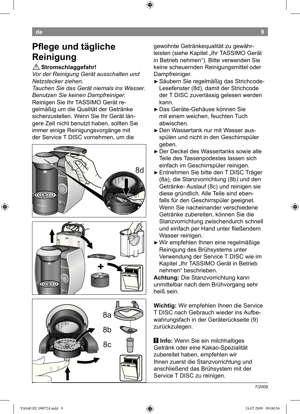 Pﬂ ege und tägliche reinigung, 8a 8b 8c | Bosch Multigetränkesystem TAS4011 Silk Silver anthrazit User Manual | Page 11 / 70