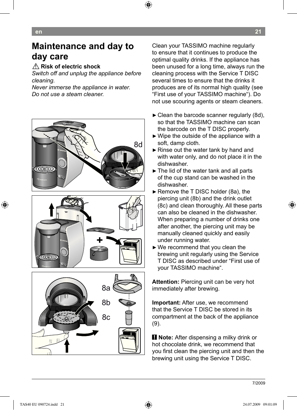 Maintenance.and.day.to. day.care, 8a 8b 8c | Bosch Multigetränkesystem TAS4011 Silk Silver anthrazit User Manual | Page 23 / 70