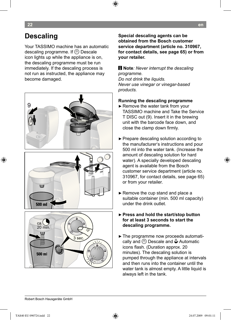 Descaling | Bosch Multigetränkesystem TAS4011 Silk Silver anthrazit User Manual | Page 24 / 70