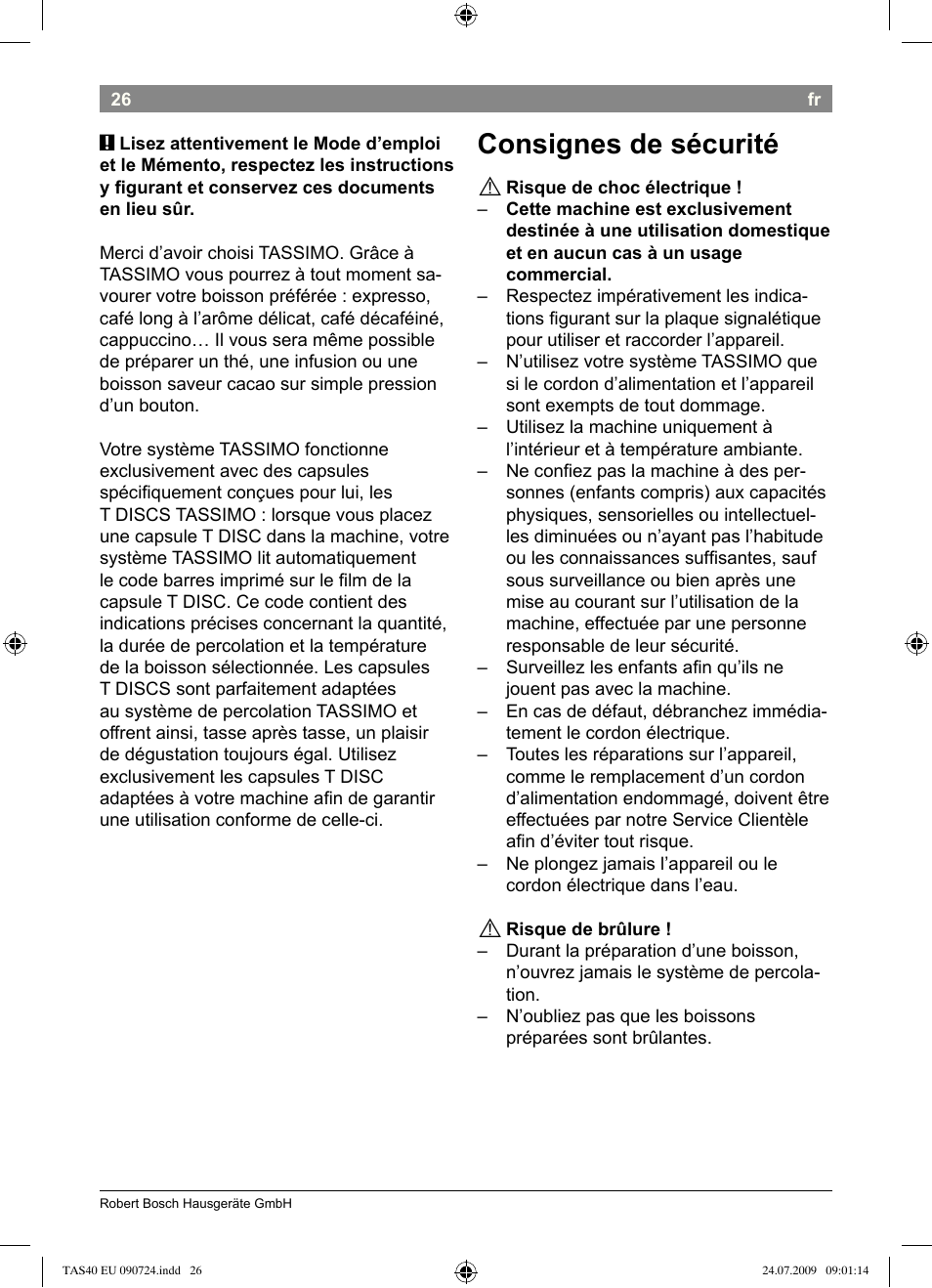 Consignes.de.sécurité | Bosch Multigetränkesystem TAS4011 Silk Silver anthrazit User Manual | Page 28 / 70