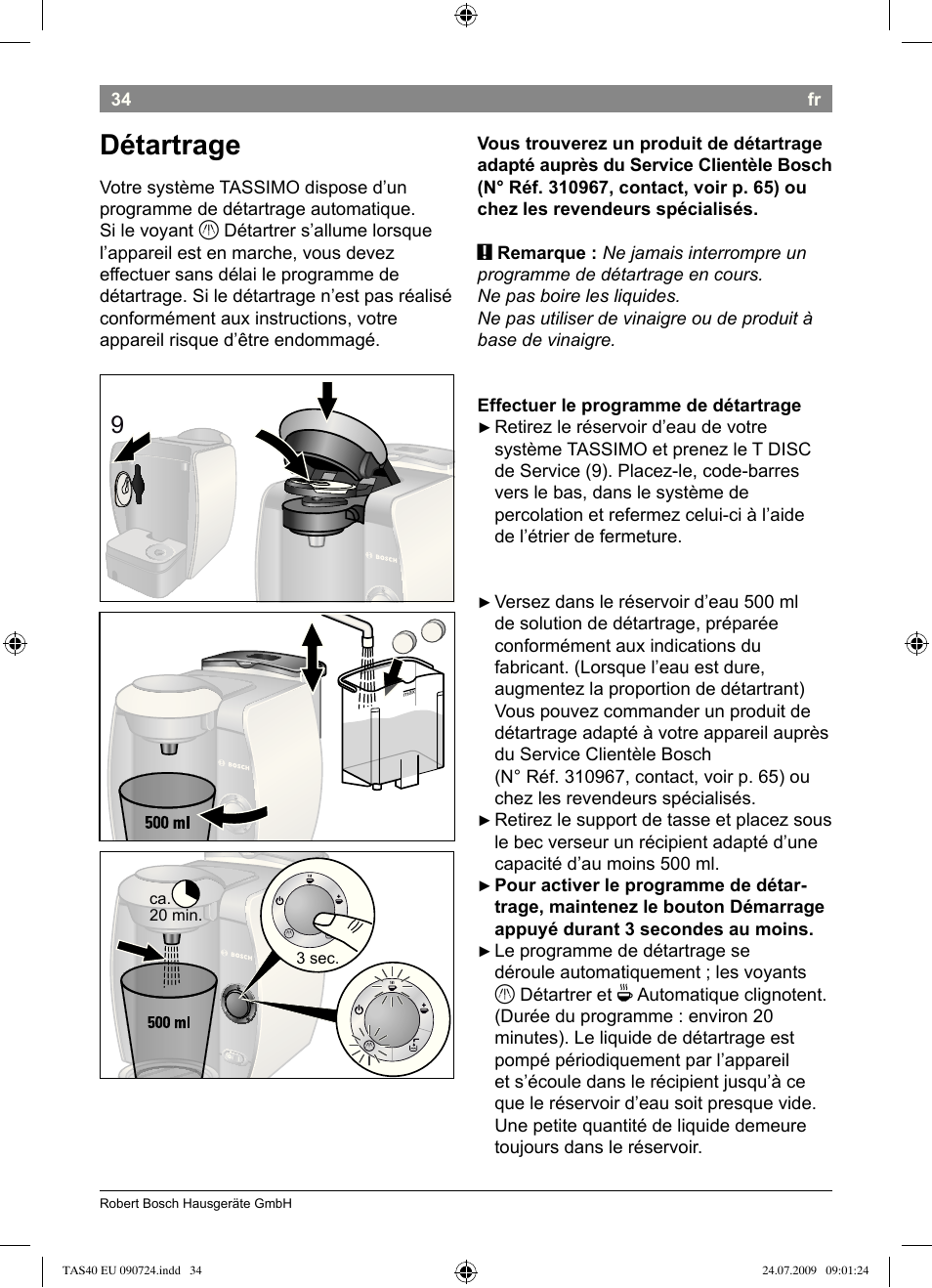 Détartrage | Bosch Multigetränkesystem TAS4011 Silk Silver anthrazit User Manual | Page 36 / 70