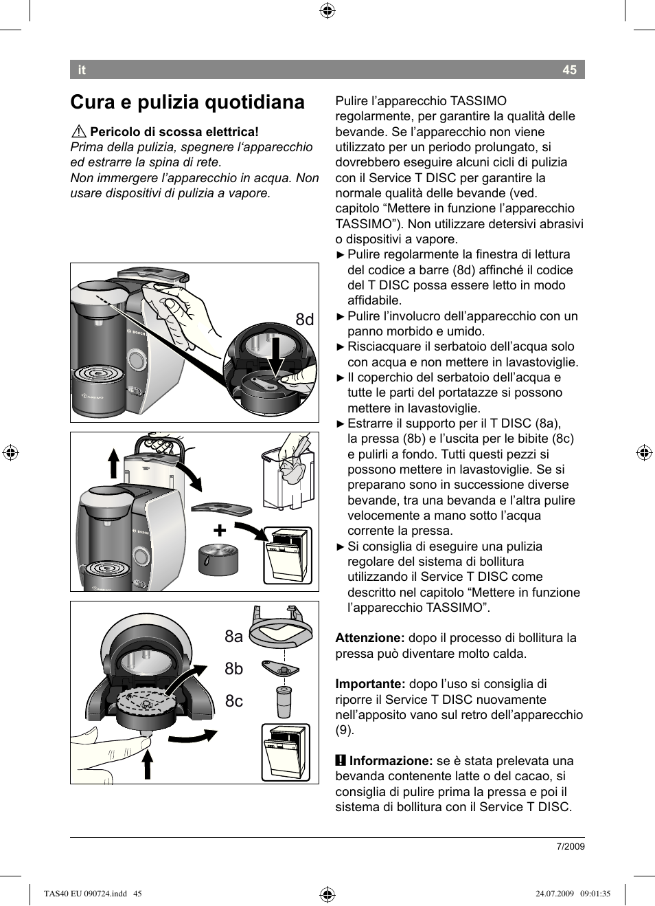 Cura.e.pulizia.quotidiana, 8a 8b 8c | Bosch Multigetränkesystem TAS4011 Silk Silver anthrazit User Manual | Page 47 / 70