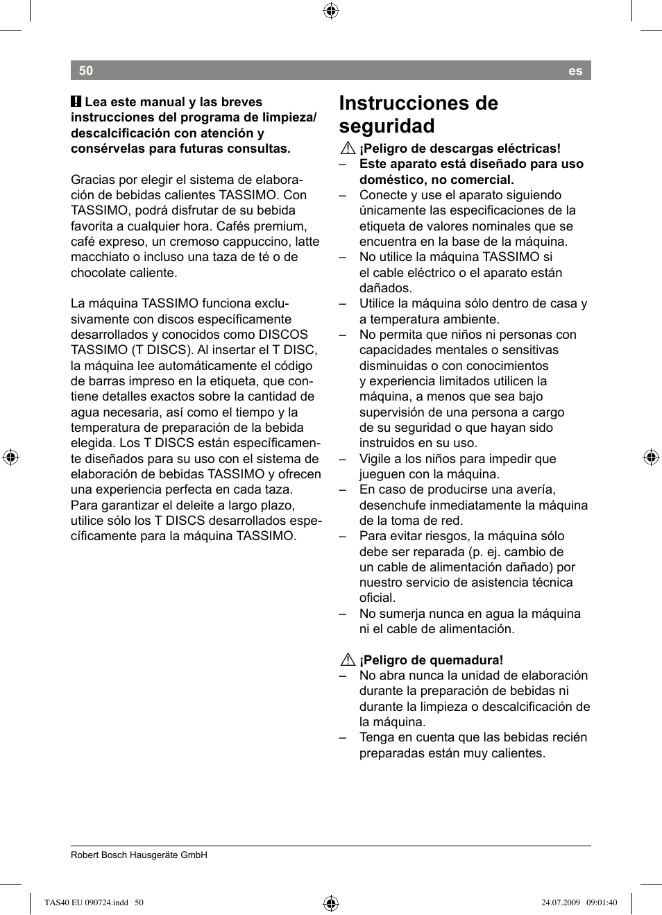 Instrucciones.de. seguridad | Bosch Multigetränkesystem TAS4011 Silk Silver anthrazit User Manual | Page 52 / 70