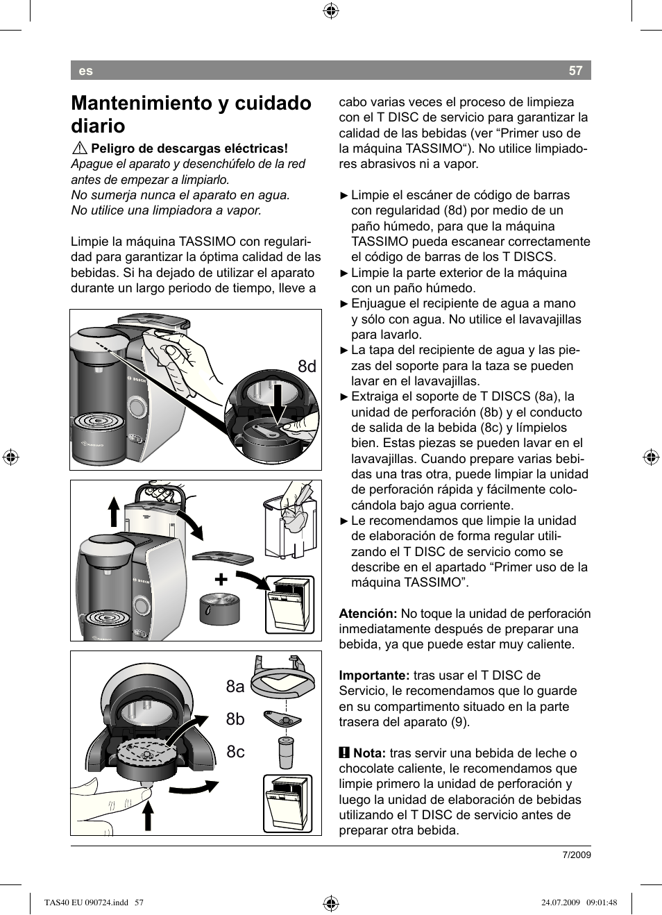 Mantenimiento.y.cuidado. diario, 8a 8b 8c | Bosch Multigetränkesystem TAS4011 Silk Silver anthrazit User Manual | Page 59 / 70