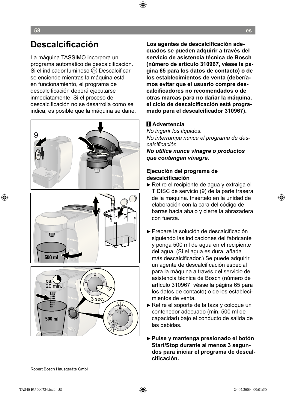 Descalcii cación | Bosch Multigetränkesystem TAS4011 Silk Silver anthrazit User Manual | Page 60 / 70